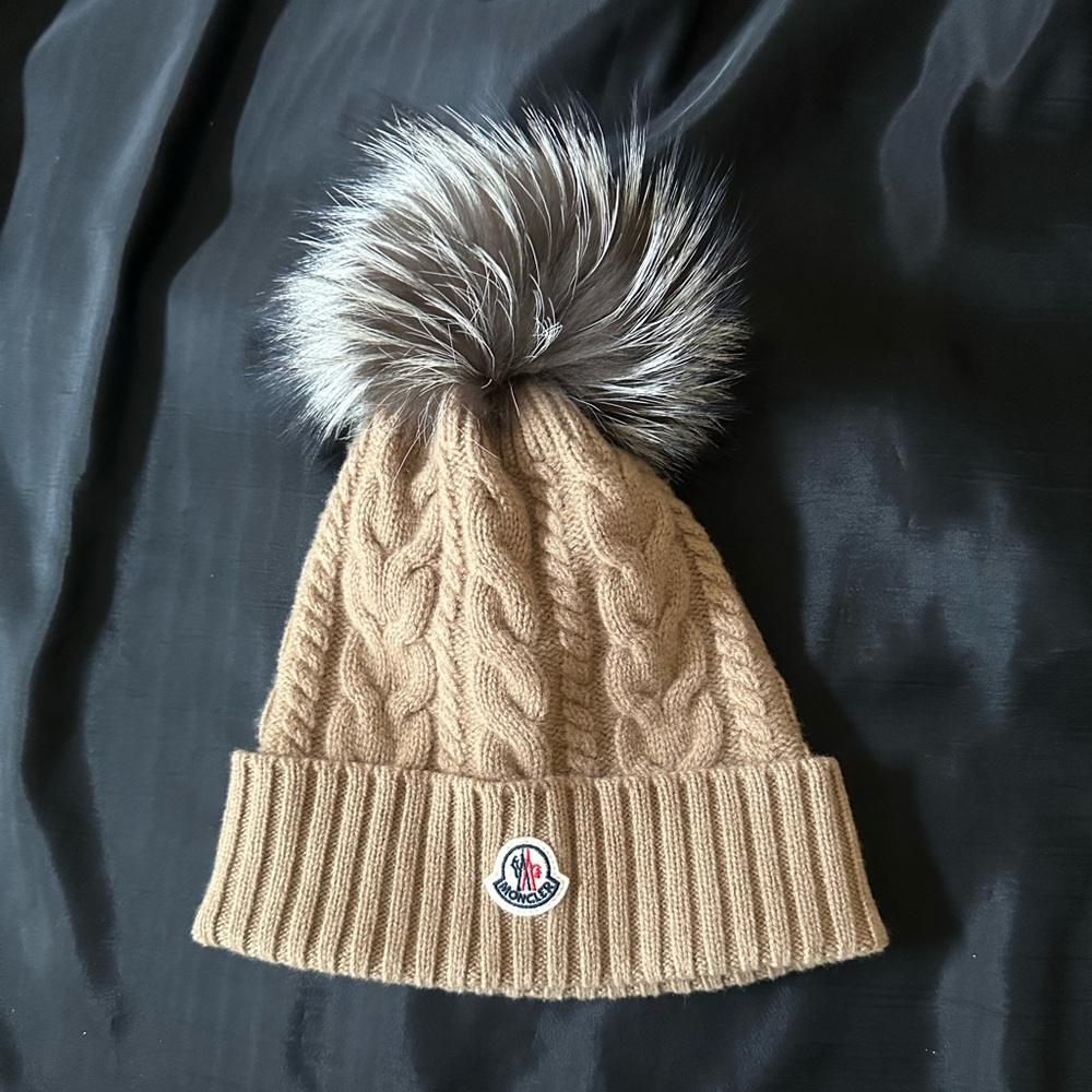 MONCLER Cashmere Blend Beanie with Fox Pom Pom